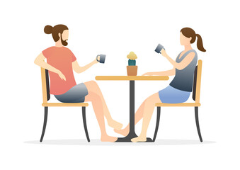 cute couple sitting drinking tea or coffee and talking at the table. relaxing couple scene. daily life of cute happy couple. romantic couple relationship in flat vector illustration.
