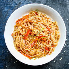 rice noodles with vegetables cellophane pasta food background top view copy space for text organic eating healthy