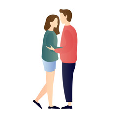 adorable young couple standing face to face and hugging. man embracing woman. romantic couple relationship in flat vector illustration.