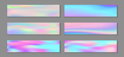 Holographic cool banner horizontal fluid gradient unicorn backgrounds vector collection. Pastel 