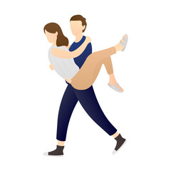 Fototapeta na wymiar a happy man carrying and embracing woman in arms. couple cartoon characters. romantic couple relationship in flat vector illustration.