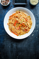 rice noodles with vegetables cellophane pasta food background top view copy space for text organic eating healthy