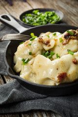 Fried dumplings (pierogi) with meat filling sprinkled with greaves.