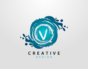 V Logo With Blue Splash Element. Blue Wave logo design template.