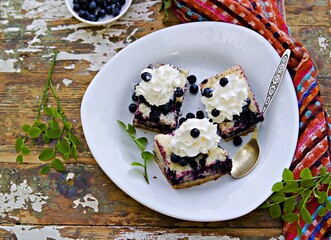 Sliced sponge cake with blueberries in a white plate on a gray concrete background.