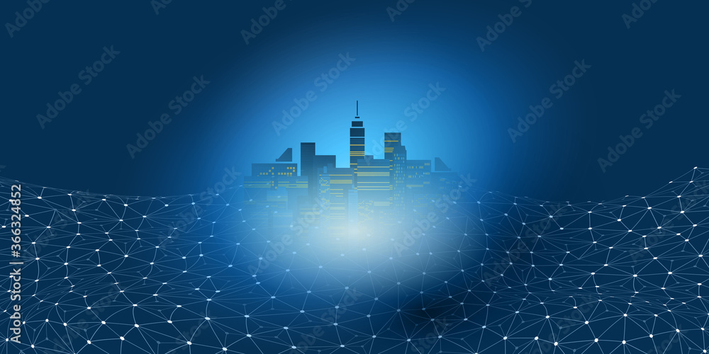 Poster futuristic smart city, iot and cloud computing design concept with polygonal mesh, cluster and nodes