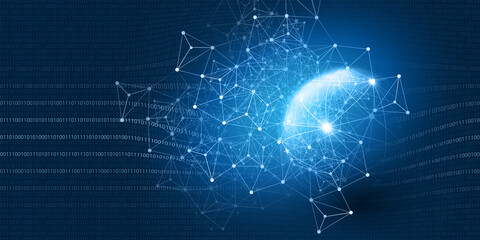 Abstract Blue Minimal Style Cloud Computing, Networks, Telecommunications Concept Design with Polygonal Mesh, Glowing Lines of Binary Code and Earth Globe - Vector Illustration © bagotaj