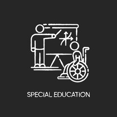 Special education chalk white icon on black background. Inclusive education. Conditions for disabled people. Student in wheelchair and personal teacher Isolated vector chalkboard illustration