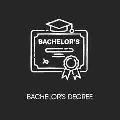 Bachelors degree chalk white icon on black background. Successful university graduation document. Higher education. Student diploma, academic certificate Isolated vector chalkboard illustration