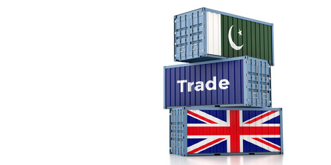 Fototapeta na wymiar Freight containers with Pakistan and United Kingdom flag. 3D Rendering 