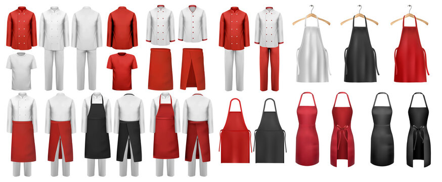 Big set of culinary clothing, white and red suits and aprons. Vector.