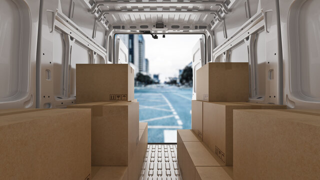 commercial delivery vans with cardboard boxes. 3d rendering	