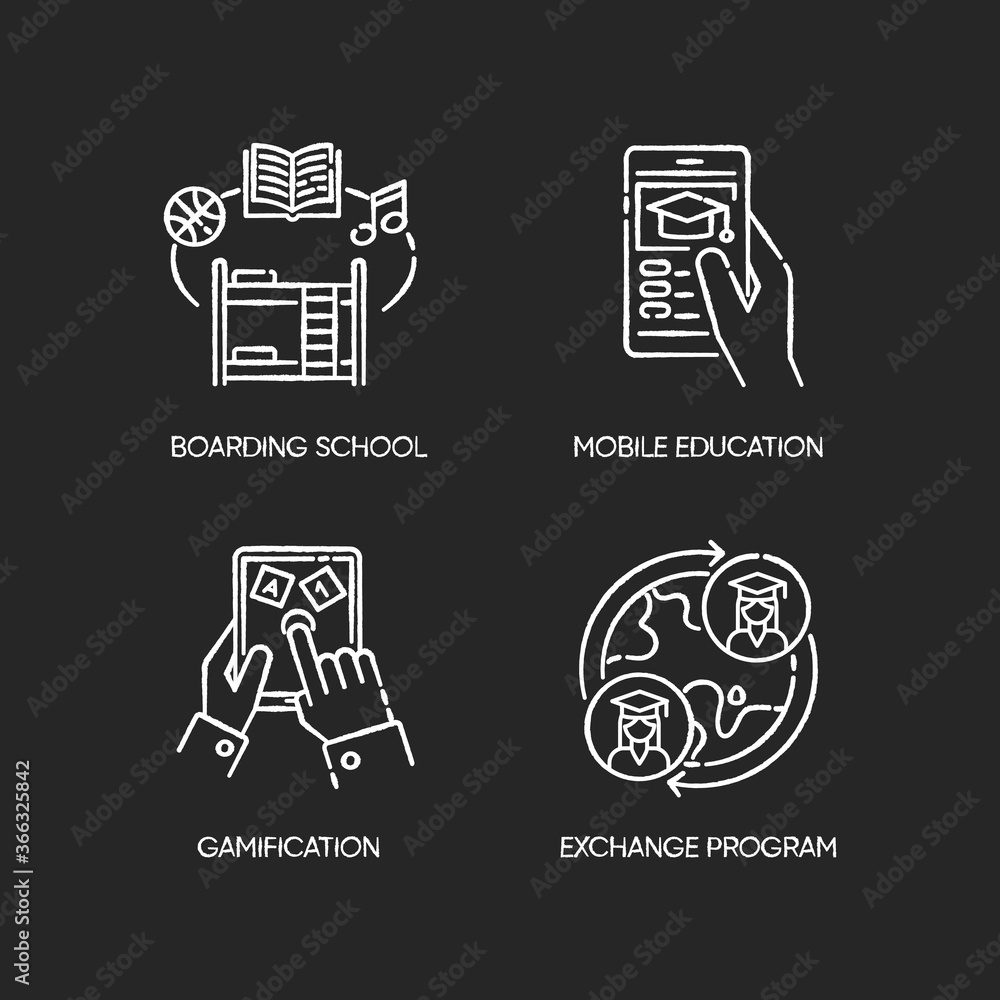 Sticker Modern learning opportunities chalk white icons set on black background. Boarding school, mobile education, gamification and student exchange program. Isolated vector chalkboard illustrations