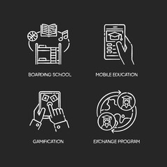 Modern learning opportunities chalk white icons set on black background. Boarding school, mobile education, gamification and student exchange program. Isolated vector chalkboard illustrations