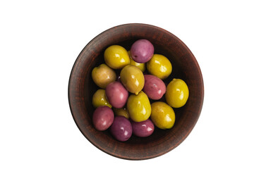Olives in ceramic brown bowl isolated on white