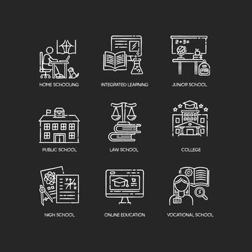 Education system chalk white icons set on black background. Teaching methods, home schooling and online classes. Primary, secondary and higher education. Isolated vector chalkboard illustrations