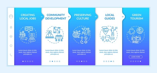 Local tourism benefits onboarding vector template. Community development. Green tourism promotion. Responsive mobile website with icons. Webpage walkthrough step screens. RGB color concept