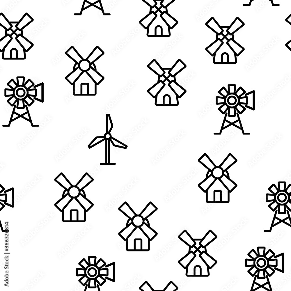 Poster windmill building vector seamless pattern thin line illustration
