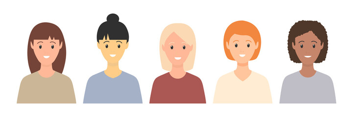 Multicultural happy young women set. People various races. Female caucasian, european, african, asian people vector isolated. Women portraits of multiethnic people. Set of avatars of business women.