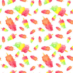 Seamless pattern with watercolor colorfull popsicles on white background.