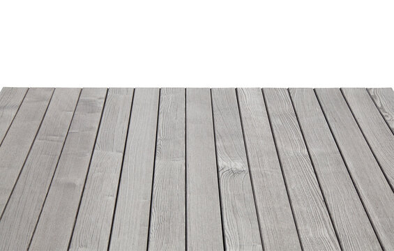 TERRASSE VIDE SUR FOND BLANC. Bois avec lasure grise m&eacute;tallis&eacute;e. D&eacute;tourage inclus