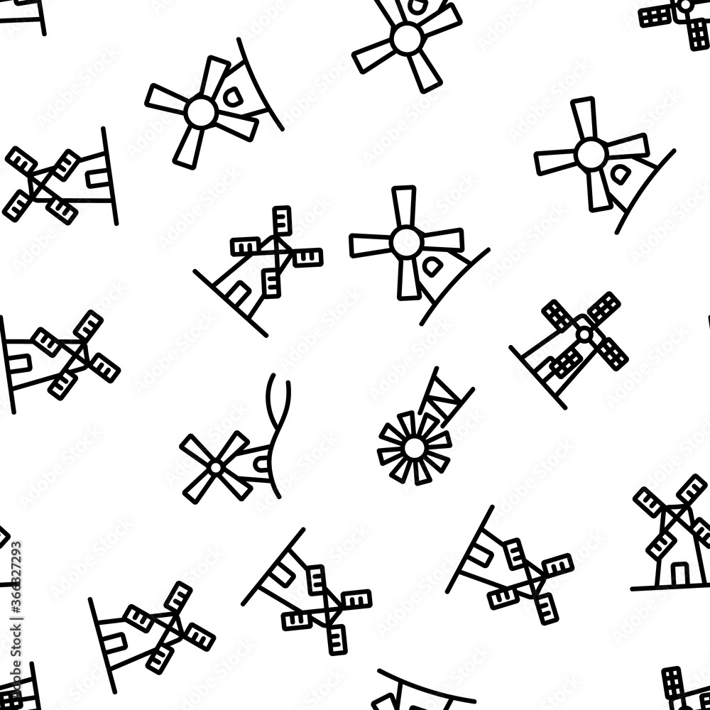 Poster windmill building vector seamless pattern thin line illustration