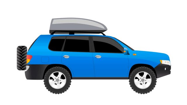 Flat design animation of a moving car. Blue jeep car with box on the roof. Seamless Loop animation. Transportation concept
