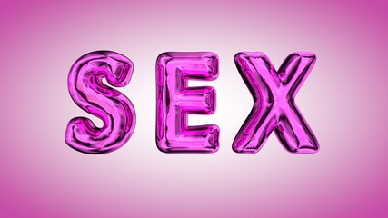 Inscription sex made of pink inflatable balloons isolated on pink background. Helium foil balloons 3d render illustration.
