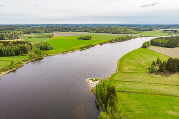 Fototapeta na wymiar Aerial panoramic view of rapid Susikoski at river Kymijoki, Finland.