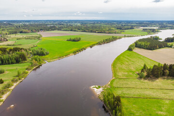 Aerial panoramic view of rapid Susikoski at river Kymijoki, Finland.