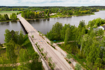 Aerial panoramic view of bridge in city Inkeroinen at river Kymijoki, Finland.