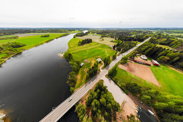 Aerial panoramic view of rapid Susikoski at river Kymijoki, Finland.