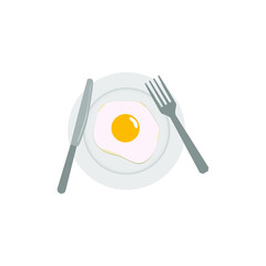 Fried eggs. Scrambled egg. Plate, fork and knife. Breakfast serving. Cooked omelette. Isolated white background. EPS10 vector illustration.