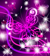 Butterfly on the abstract purple glowing background