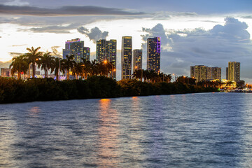 Fototapeta na wymiar Miami skyline at night - panoramic image. Miami.