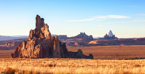 Church Rock in the rays of the setting sun,  Navajo County, near Kayenta, Arizona, United States.