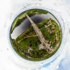 A three dimensional aerial panoramic view of city Inkeroinen at river Kymijoki, Finland.