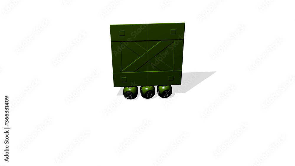 Poster 3d illustration of box graphics and text made by metallic dice letters for the related meanings of t