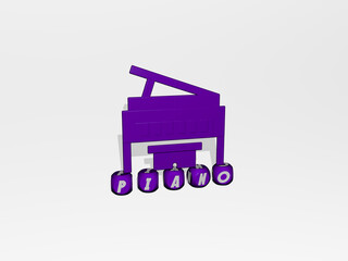 3D graphical image of PIANO vertically along with text built by metallic cubic letters from the top perspective, excellent for the concept presentation and slideshows. music and illustration