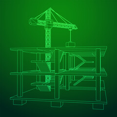 Building under construction with crane. Build house construct in process. Wireframe low poly mesh vector illustration
