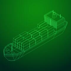 Heavy dry cargo ship of bulk carrier with freight containers. Wireframe low poly mesh vector illustration.