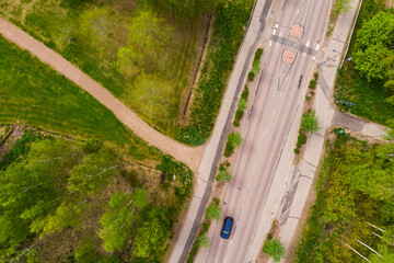 Aerial panoramic view of road in city Inkeroinen in Finland.