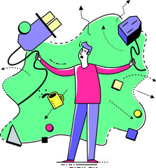 Flat illustration design for presentation, web, landing page, infographics: cartoon character man with plug and socket. Disconnect, error 404.