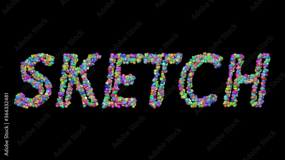 Poster colorful 3d writing of sketch text with small objects over a dark background and matching shadow. il