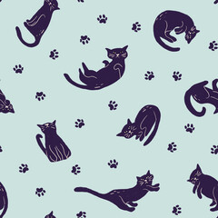Black cat with paw footprints seamless pattern on cyan background in childish style. Texture for kids fabric, wrapping, textile, wallpaper, apparel. 