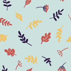 Autumn leaves seamless pattern on cyan background in childish style. Texture for kids fabric, wrapping, textile, wallpaper, apparel. 