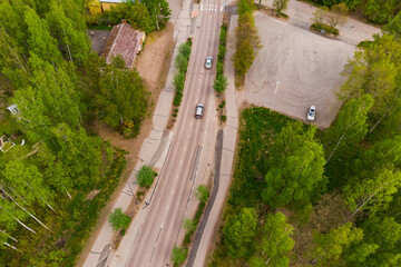 Aerial panoramic view of road in city Inkeroinen in Finland.