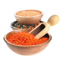 Stack bowls of different lentils isolated on a white background.