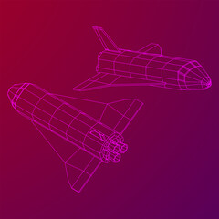 Space ship shuttle. Wireframe low poly mesh vector illustration.