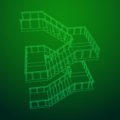 Wireframe stairs, interior staircases steps with railing. Wireframe low poly mesh vector illustration.